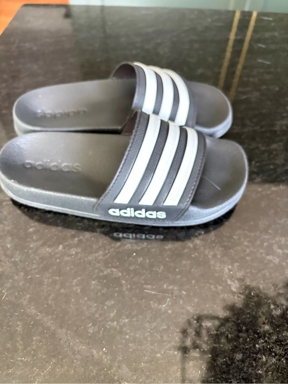 adidas Kids Black Slide Sandals with White Stripes and Logo 13